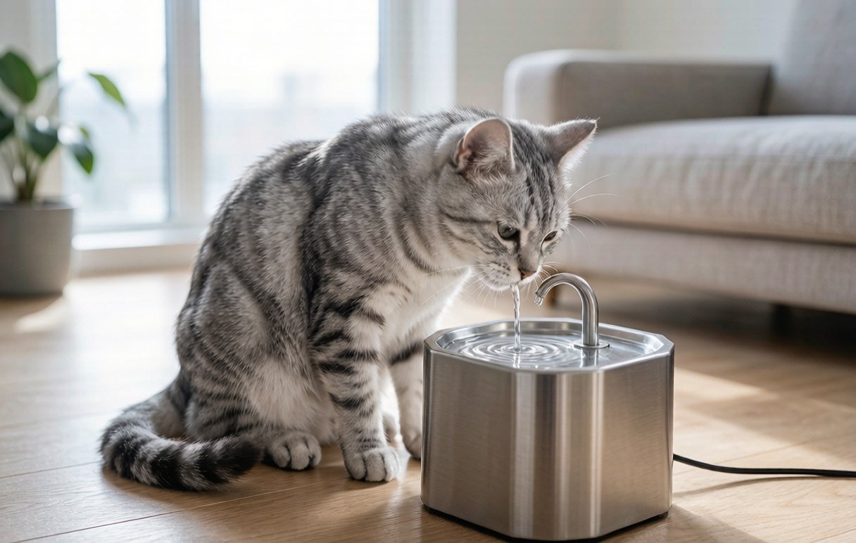 Cat drinking from a stainless steel pet water fountain